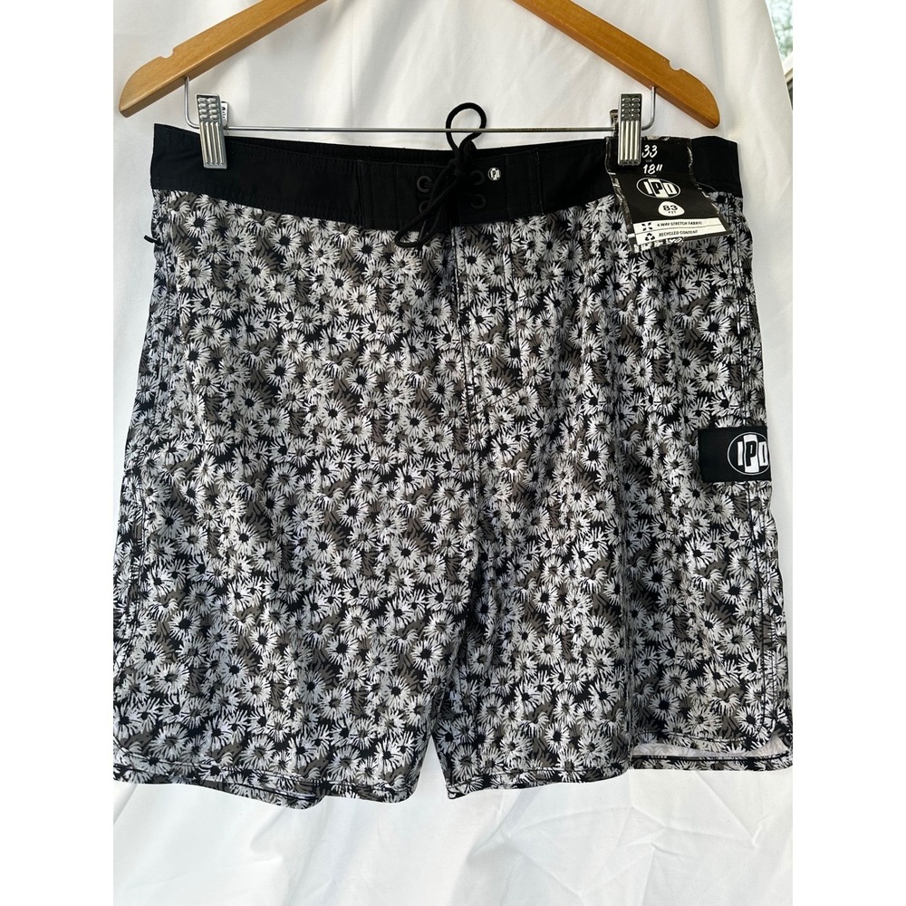 IPD Board Shorts Mens 33 Black White Floral Daisy 18" Outseam NWT‎ 4-Way Stretch
